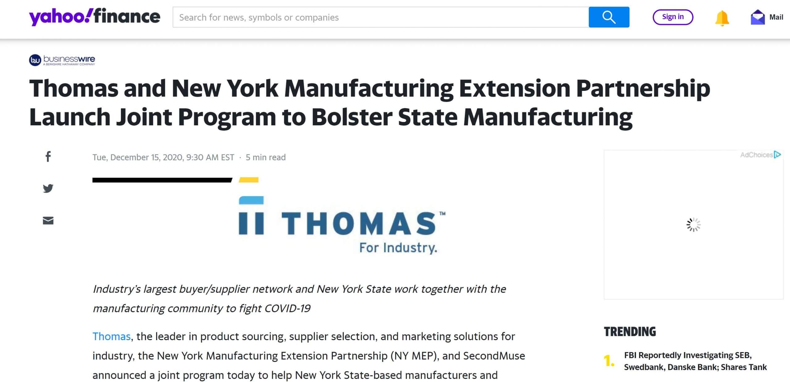 Thomas and New York Manufacturing Extension Partnership Launch Joint Program to Bolster State Manufacturing