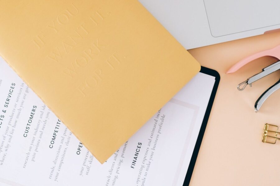 manilla folder and table scape of creative office