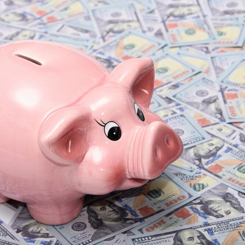 piggy bank on top of dollar bills