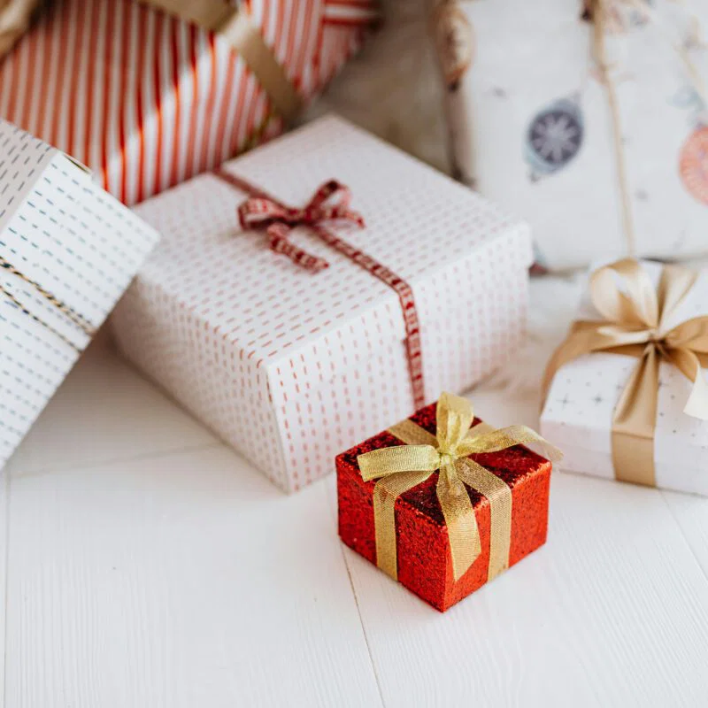 wrapped presents in a pile