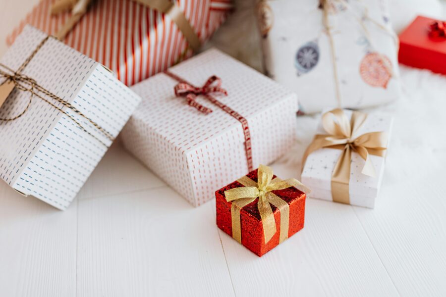 wrapped presents in a pile
